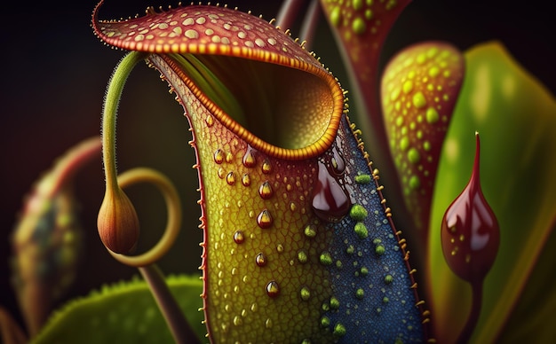 Een close-up van een bekerplant met waterdruppeltjes erop