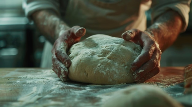 Foto een close-up van een bekwame bakkers handen delicaat kneten een bal van het deeg het vormen in een perfecte