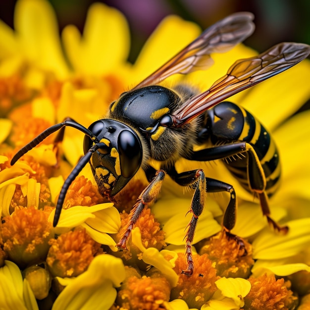 een close-up van een bij op een gele bloem met een zwart gezicht generatieve ai