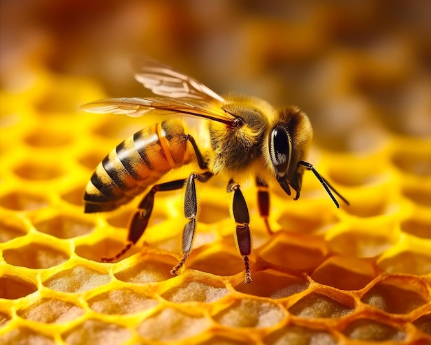 Een close-up van een bij op een honingraatBij die nectar verzamelt van een honingraat Een close-up van een bij op een honingraat