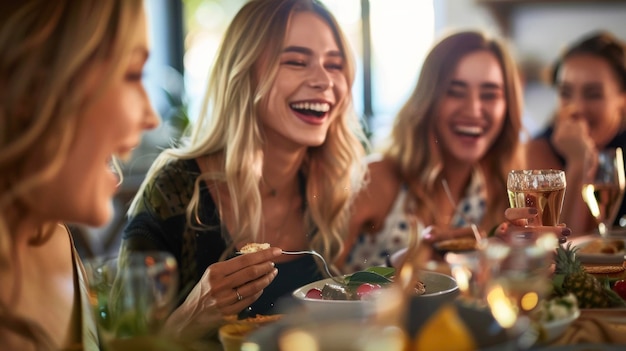 Een close-up van een bijeenkomst van vrienden die lachen en praten terwijl ze genieten van een heerlijke maaltijd