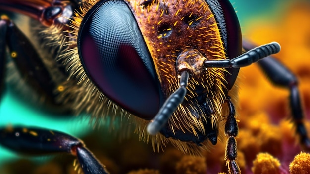 Een close-up van een bijengezicht met veel stuifmeel erop generatieve ai
