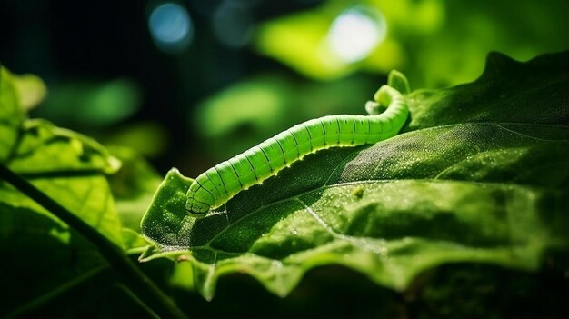 een close-up van een blad met een rups erop