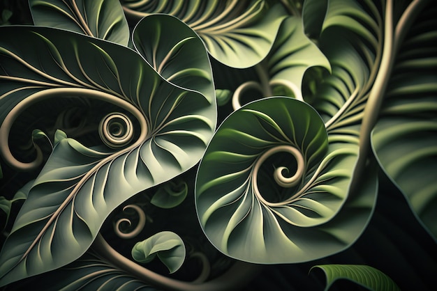 Een close-up van een bladpatroon dat groen is en een spiraalvormig ontwerp heeft