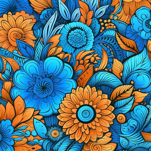 Een close-up van een blauw en oranje bloempatroon op een blauwe achtergrond generatieve ai