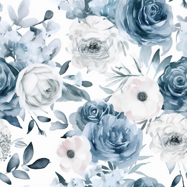 Een close-up van een blauw en wit bloemenpatroon op een witte achtergrond generatieve ai