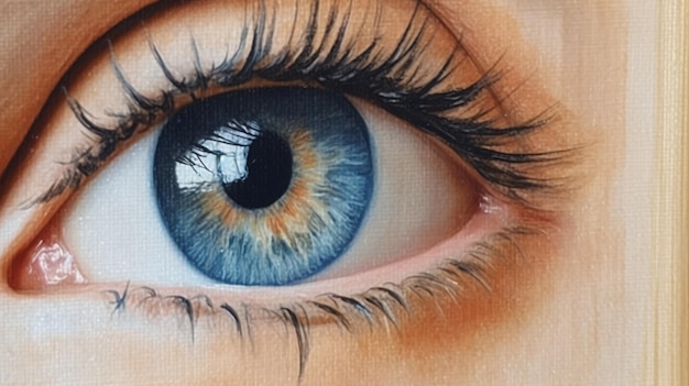 Een close-up van een blauw oog met een potloodtekening van iemands oog.