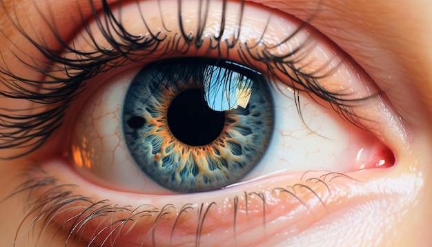 Een close-up van een blauw oog met een zwarte rand.