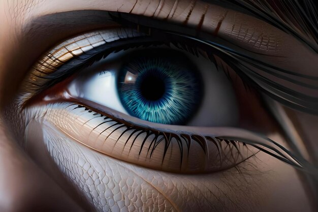 Een close-up van een blauw oog met het woord oog erop