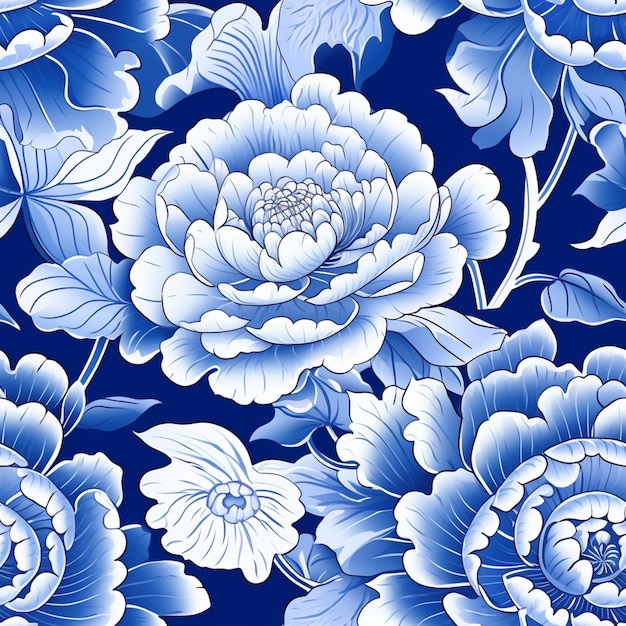 een close-up van een blauw-witte bloemenpatroon met bladeren generatieve ai