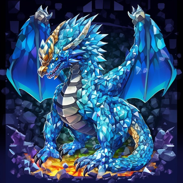 Een close-up van een blauwe draak met een zwaard in zijn hand generatieve ai