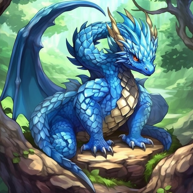 Een close-up van een blauwe draak zittend op een rots in een bos generatieve ai