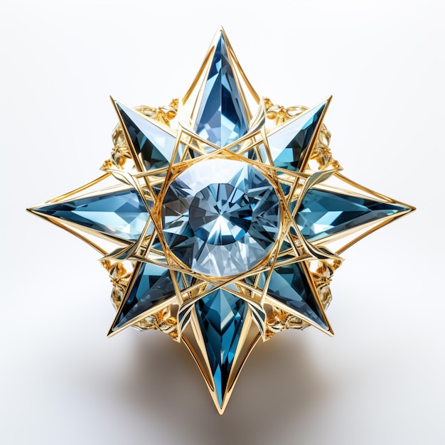 een close-up van een blauwe en gouden broche met een ster-generatieve ai