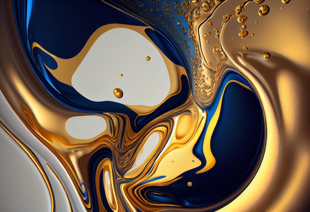 Een close-up van een blauwe en gouden vloeibare achtergrond