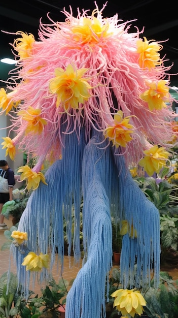 een close-up van een blauwe en roze bloemhoed met gele bloemen generatieve ai