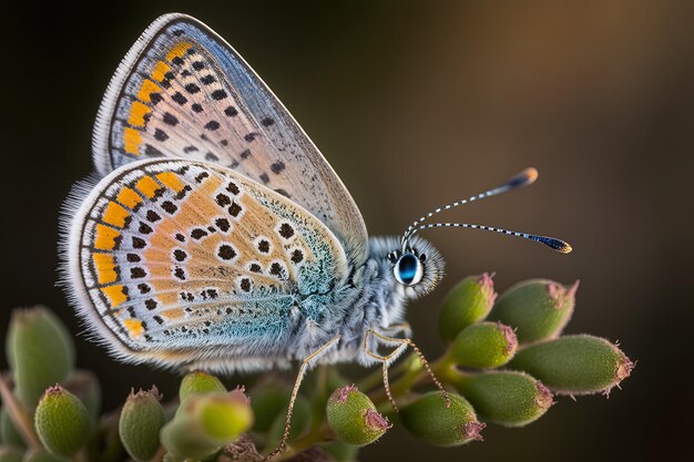 Een close-up van een blauwe vlinder Plebejus argus met zilveren vlekken die op een plant zit