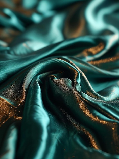 een close-up van een blauwgroen en gouden stof