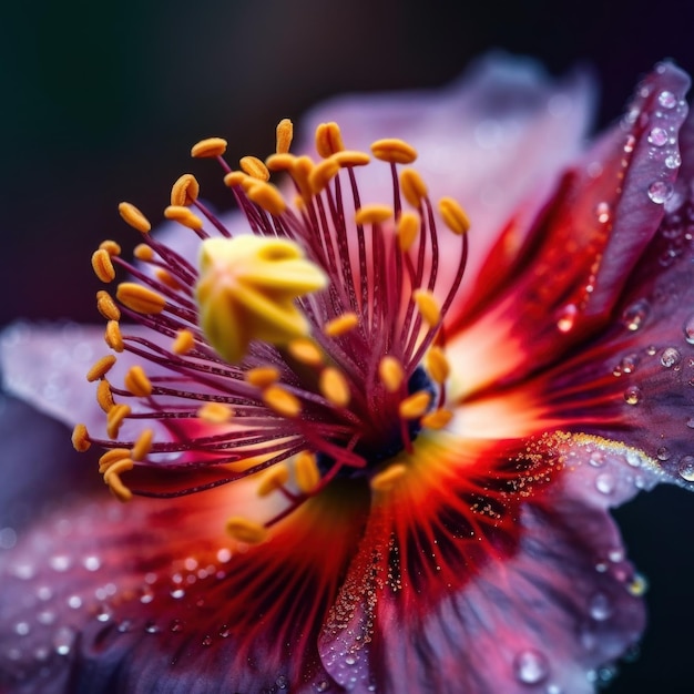 Een close-up van een bloem met waterdruppeltjes Generatief AI-beeld