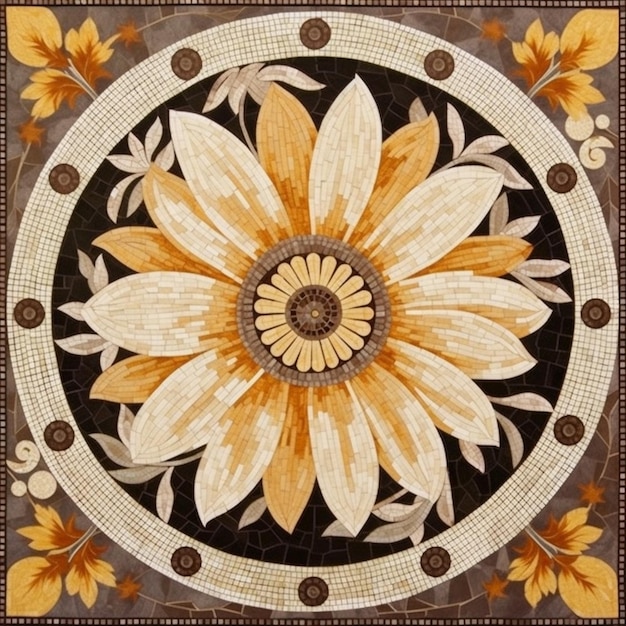 een close-up van een bloem op een tegelvloer met een zwarte achtergrond generatieve ai