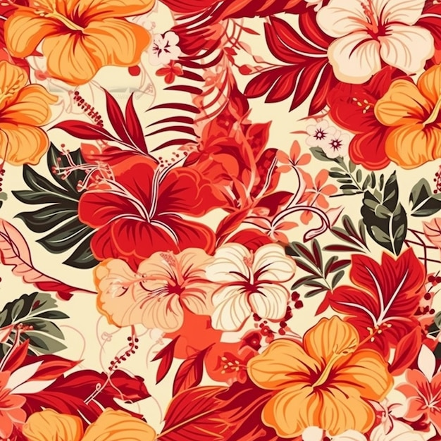 Een close-up van een bloemenpatroon met oranje en rode bloemen generatieve ai