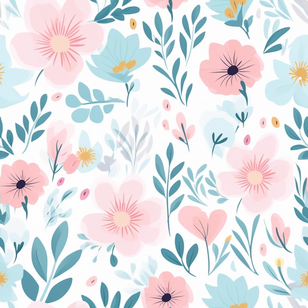 Een close-up van een bloemenpatroon met roze en blauwe bloemen generatieve ai