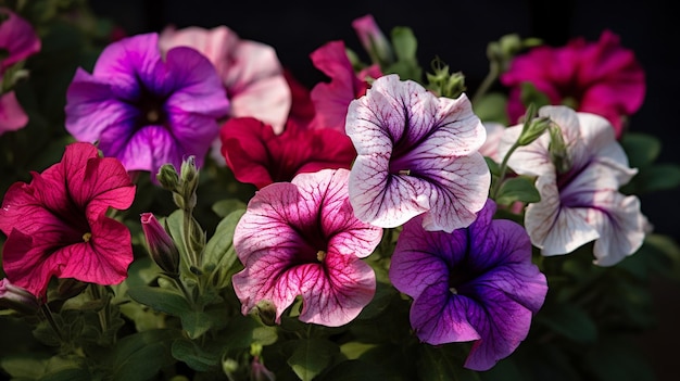 Een close-up van een bloempot met paarse en roze bloemen.