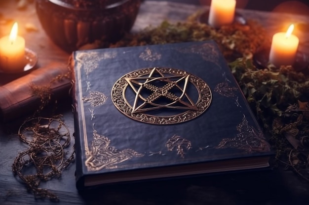 Een close-up van een boek met een pentagram en kaarsen generatieve ai