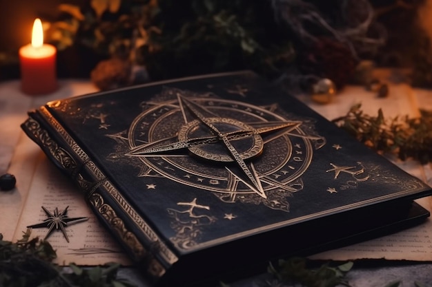 Een close-up van een boek met een pentagram erop generatieve ai