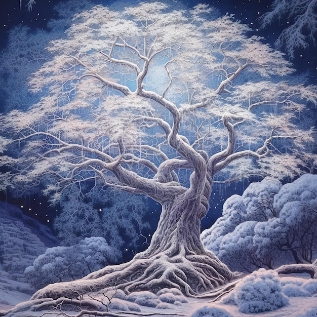 Een close-up van een boom met veel sneeuw