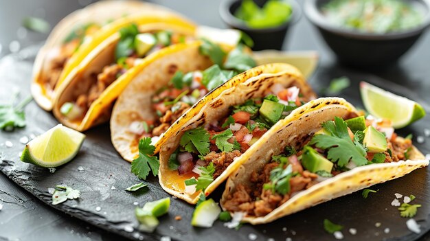 Een close-up van een bord gourmet tacos met verse cilantro limoen wiggen en een kant van pittige salsa op een leisteen achtergrond die de versheid en smaken van de Mexicaanse keuken benadrukt
