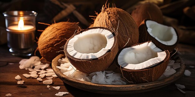 Een close-up van een bord kokosnoten op een tafel