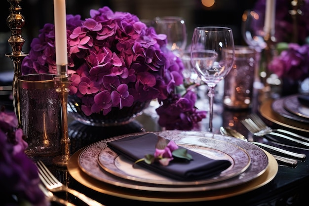 Een close-up van een bord met prachtige bloemen die de bruiloftstafel versieren met bloemen die door AI zijn gegenereerd