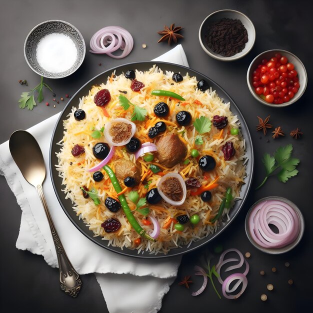 Een close-up van een bord met rijst, vlees, uien, olijven, paprika's en specerijen