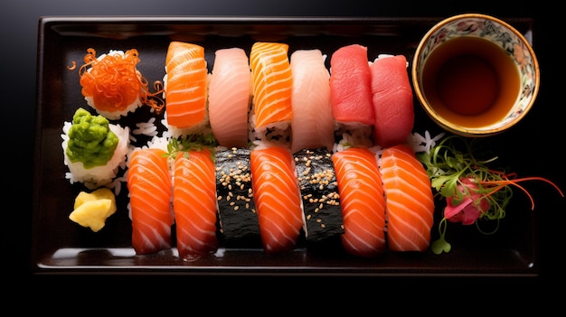 een close-up van een bord sushi met een kopje thee generatieve ai