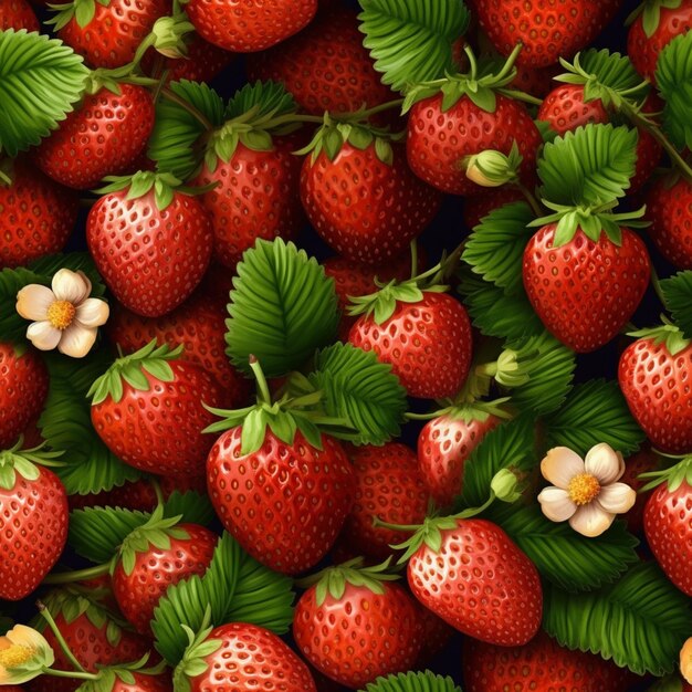 een close-up van een bos aardbeien met bladeren en bloemen generatieve ai