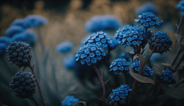 Een close-up van een bos blauwe bloemen met het woord hortensia erop