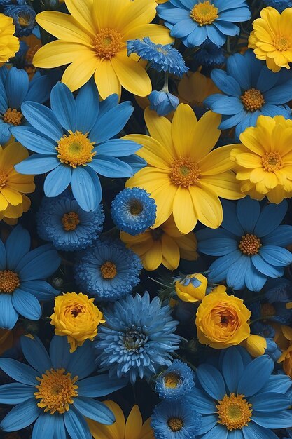 Een close-up van een bos blauwe en gele bloemen generatieve ai