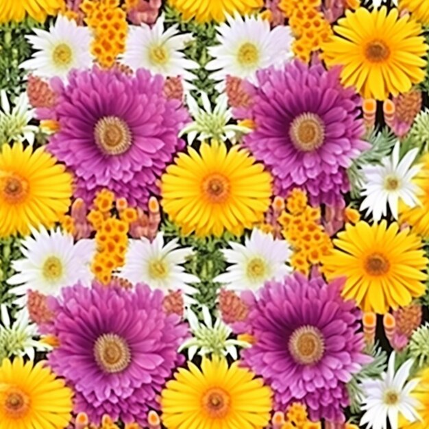 Een close-up van een bos bloemen met gele en paarse bloemblaadjes generatieve ai