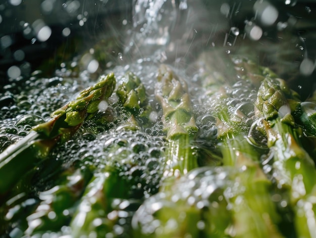 Een close-up van een bos broccoli ondergedompeld in water met de levendige groene tinten en textuur van de groente