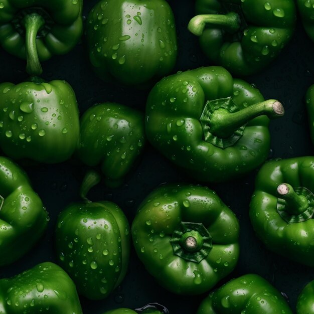 een close-up van een bos groene paprika's met waterdruppeltjes generatieve ai