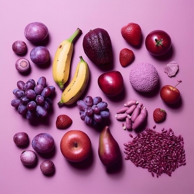Een close-up van een bos groenten en fruit op een roze oppervlak generatieve ai