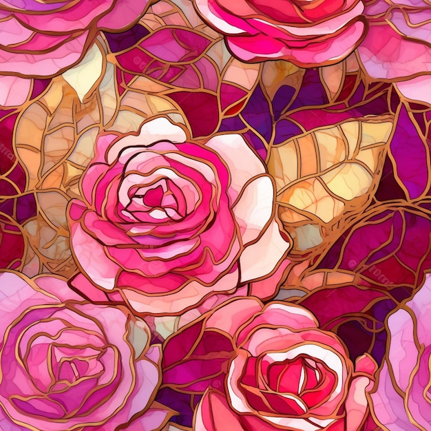 Een close-up van een bos roze rozen met bladeren generatieve ai