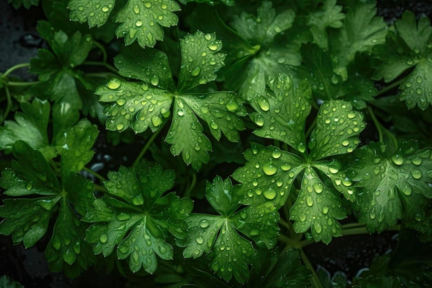 Een close-up van een bos verse groene peterselie met waterdruppels erop