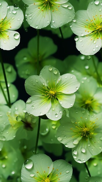 Een close-up van een bos witte bloemen met generatieve ai waterdruppeltjes