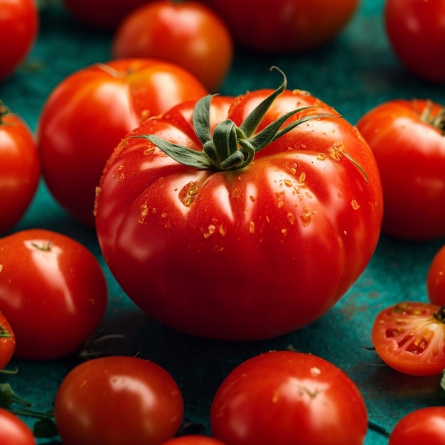 Een close-up van een bosje verse tomaten met waterdruppels