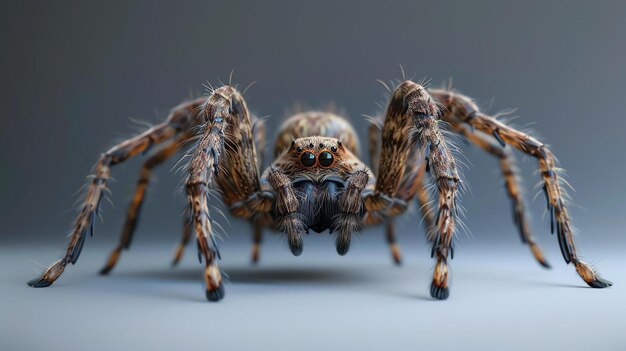 Foto een close-up van een bruine harige spin met zwarte ogen de spin is in focus en heeft een wazige achtergrond de spin kijkt naar de kijker