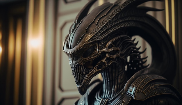 Een close-up van een buitenaardse helm met het woord alien erop