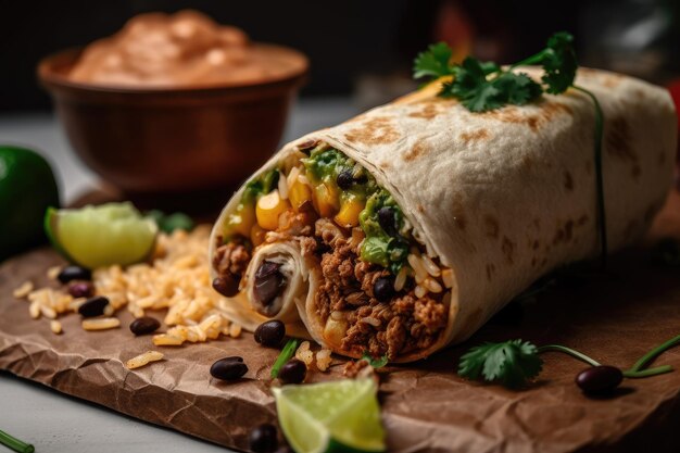 Foto een close-up van een burrito met de ingrediënten en kruiden zichtbaar gemaakt met generatieve ai