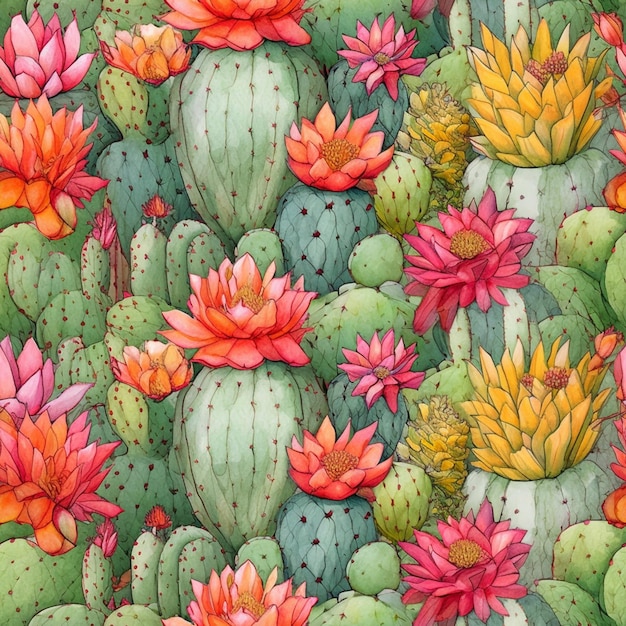 Een close-up van een cactus met veel bloemen erop generatieve ai