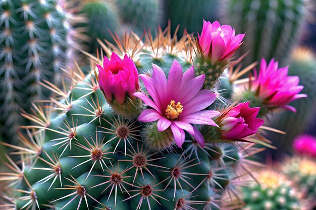 Een close-up van een cactusplant met levendige roze bloemen die bloeien tegen de stekelige groene stengels